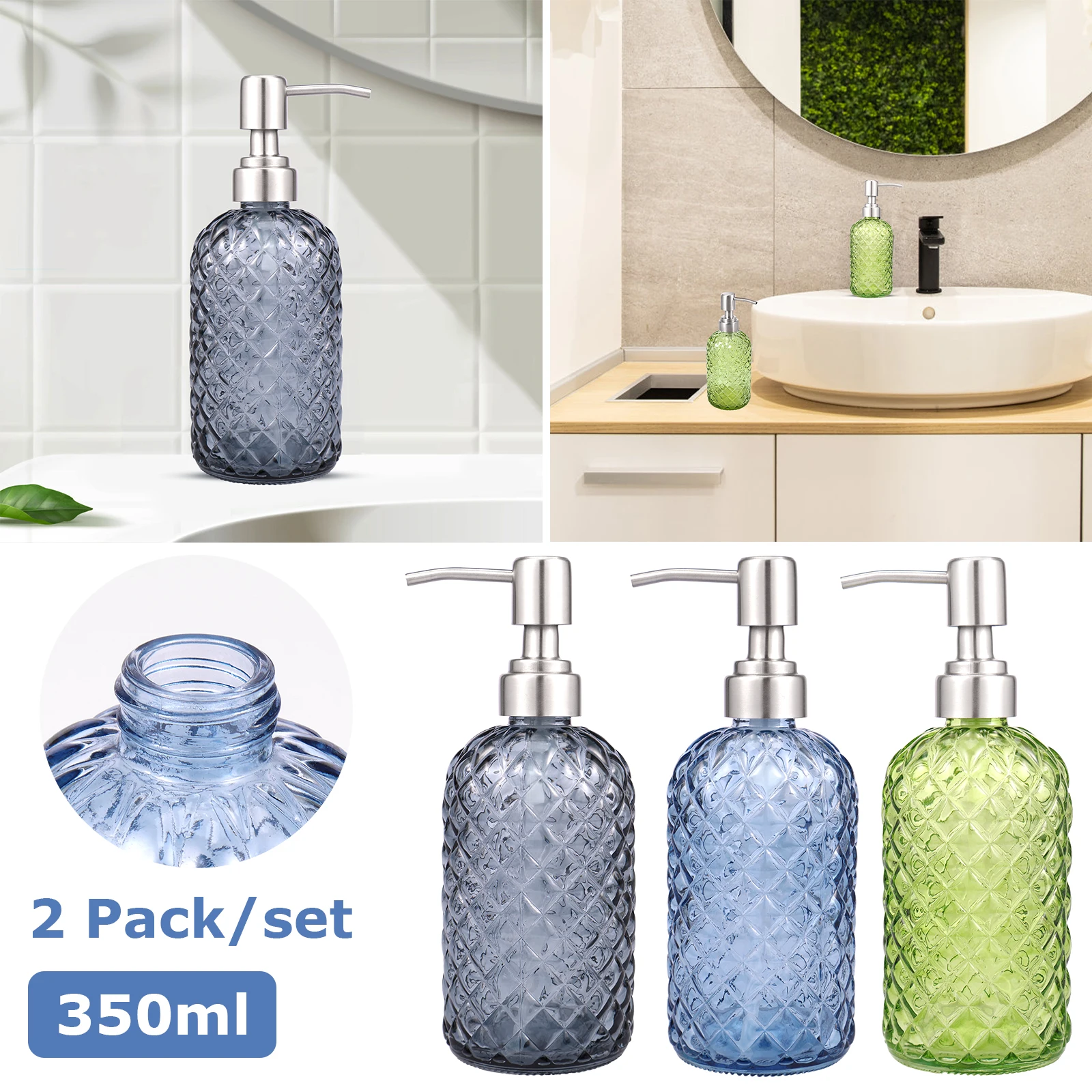 

2Pcs Glass Soap Dispenser 12oz/250ml Hand Soap Dispenser with Metal Pump Refillable Bathroom Lotion Bottle Dispenser Decorative