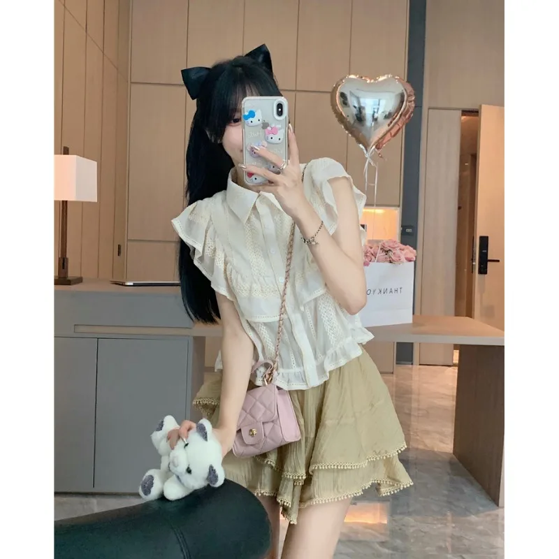 

High design sense heavy industry Beige wheat ear fly sleeve shirt women's summer 2022 new chic short top trend