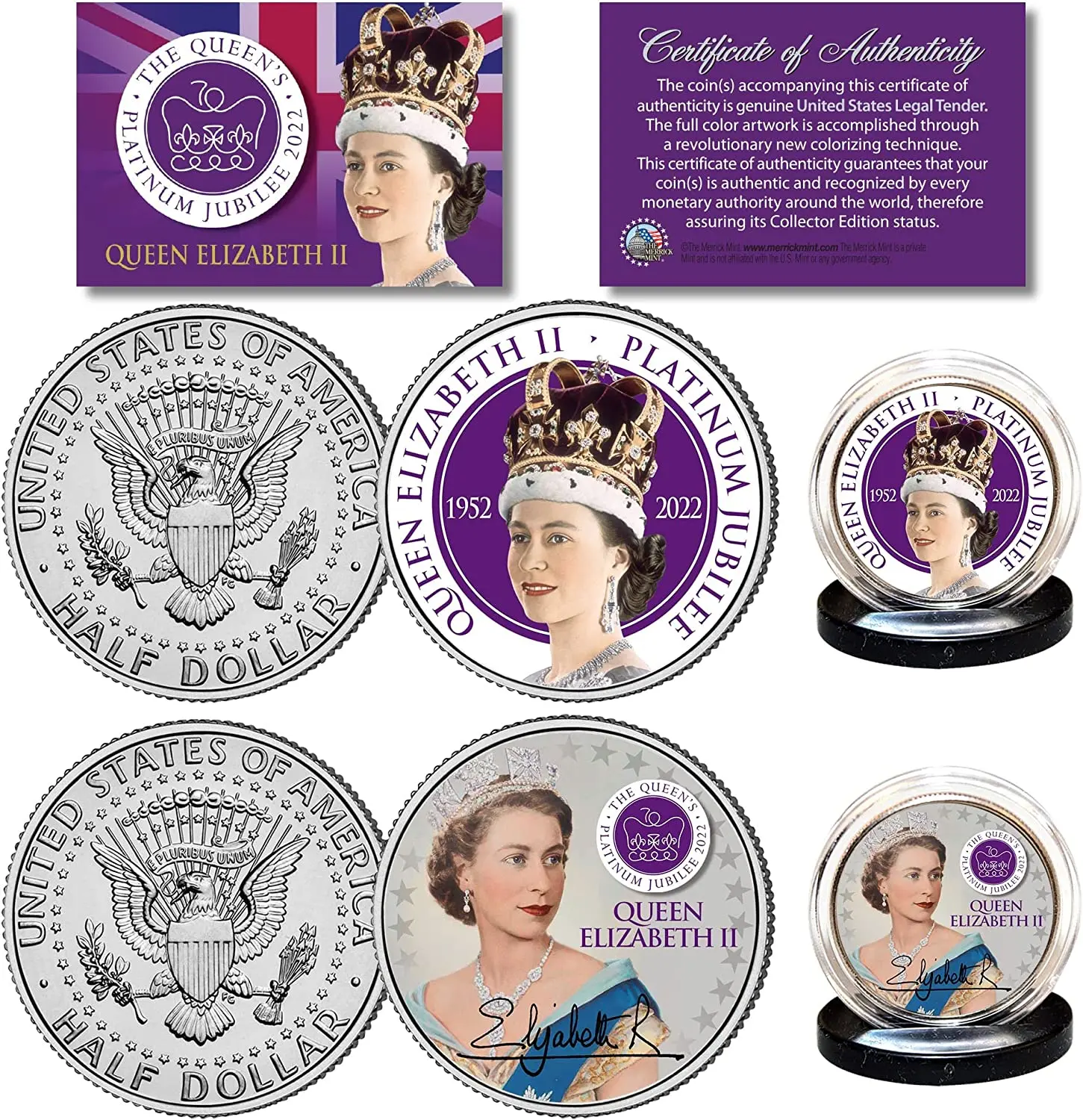 

Queen Elizabeth II 2022 Platinum Jubilee 70th Anniversary Kennedy Half Dollar 2 Coin Set