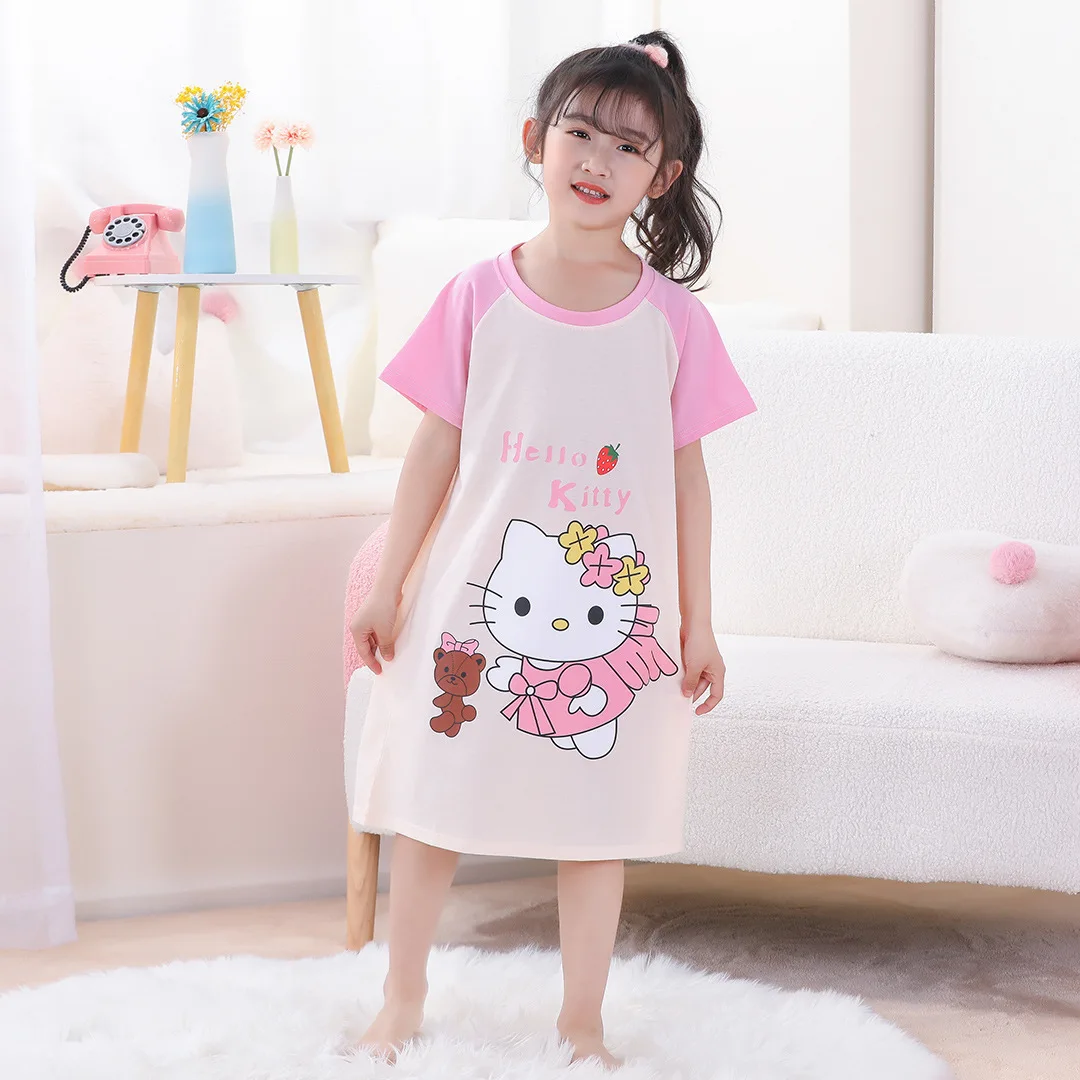 

2023 New Sanrio Hello Kitty Kuromi My Melody Summer New Childrens Pajamas Girls Nightdress Cotton Cute Cartoon Home Service