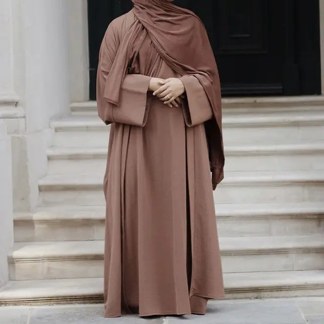 Ramadan Robe Casual Solid Sleeveless Inner Dress with Belt and Long Cardigan Robe Muslim Sets Islamic Clothing Prayer Dress Set 4