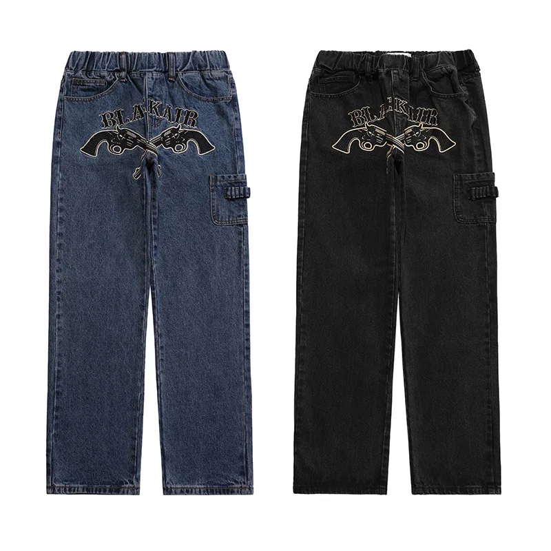 Fashion Hip-hop Street Jeans Men's Embroidered Denim Pistol Pattern Casual Harem Pants Men's Jogging Pants Street Clothes Cotton