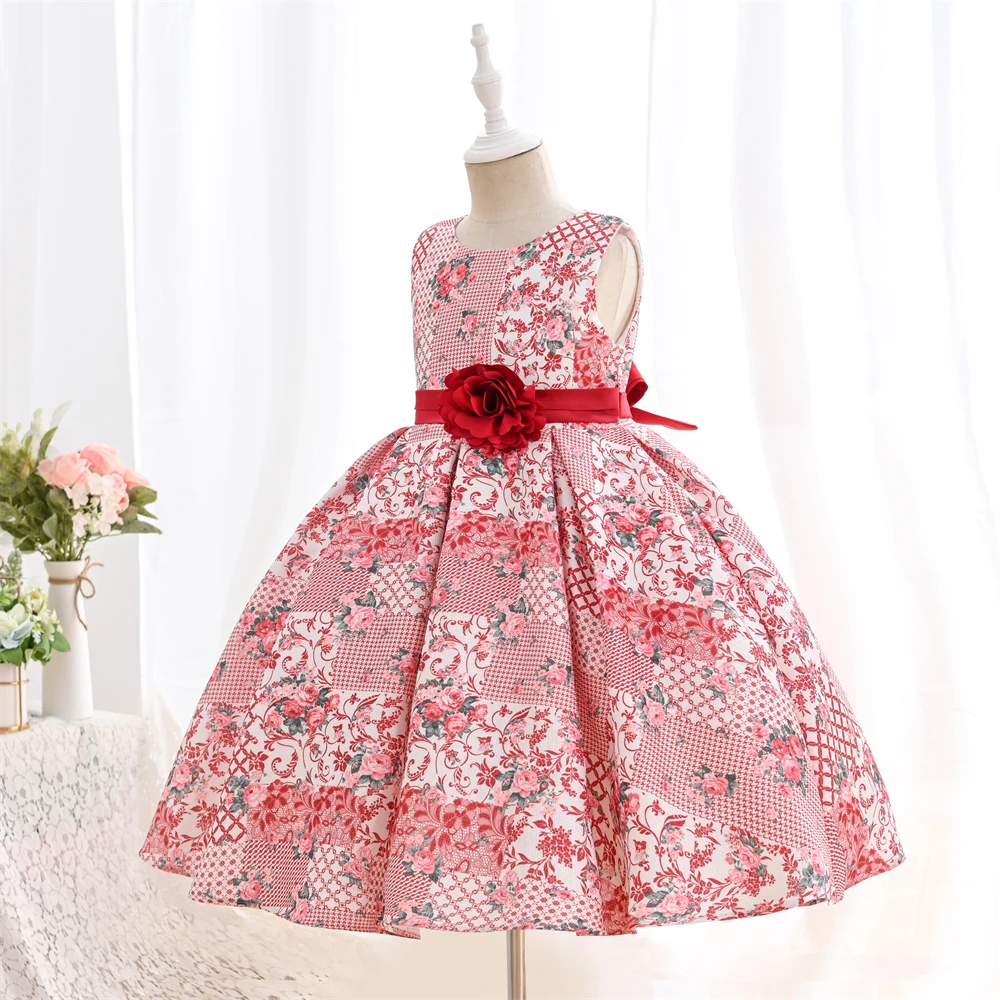 Outong Flower Girls Dress Kids Clothes Girls Waist Bow Decoration Flower Print Casual Clothing Summer Dresses For 5 9 Years Old