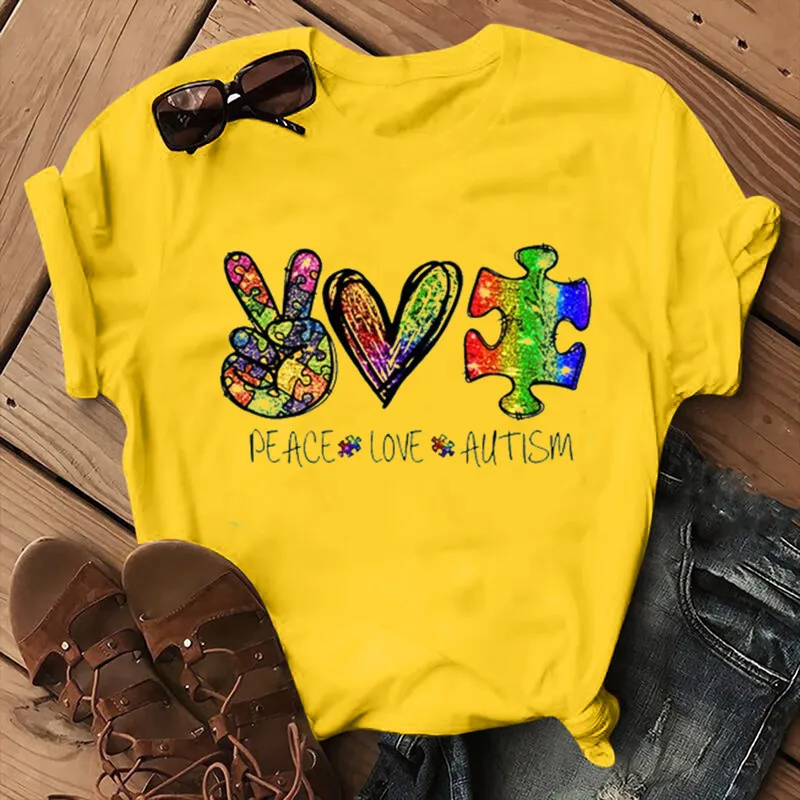 

Peace Love Autism Colorful Print Women T Shirt Short Sleeve O Neck Loose Women Tshirt Ladies Tee Shirt Tops Camisetas Mujer