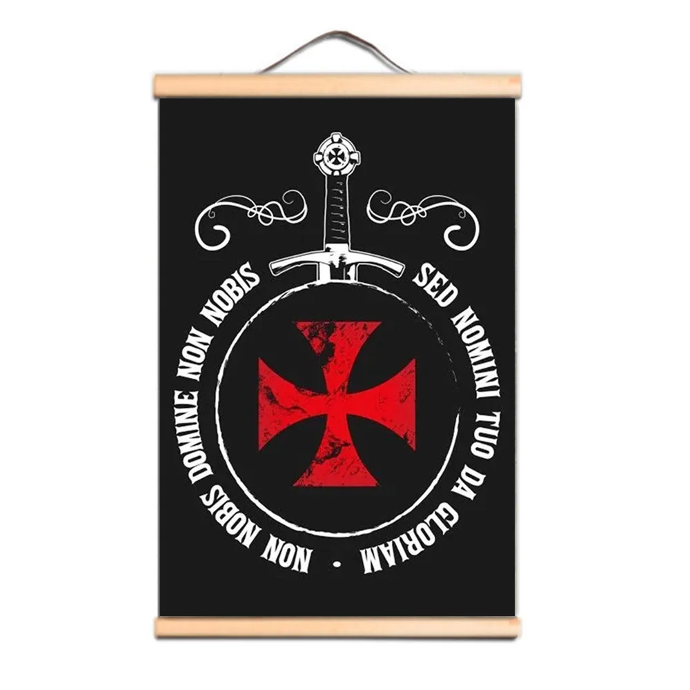 

Masonic Knights Templar Scroll Painting Vintage Solid Wood Axis Decorative Mural Crusader Warrior Wall Art Poster Home Decor C3
