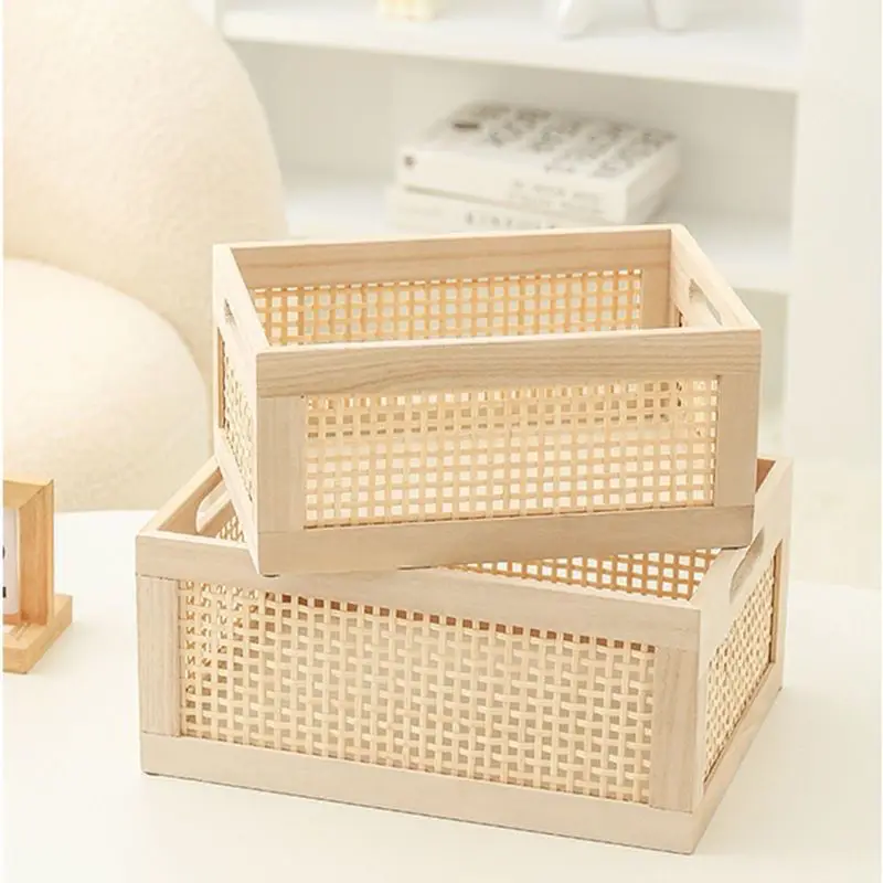 

Japanese Vine Weaving Storage Basket Ins Style Retro Solid Wood Storage Box Entry Door Desktop Weaving Cosmetics Storage Box