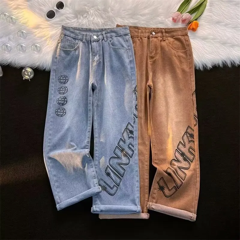 

Винтажные коричневые градиентные джинсовые брюки в японском стиле, мужские прямые повседневные брюки, джинсы в стиле Харадзюку, модная ули...