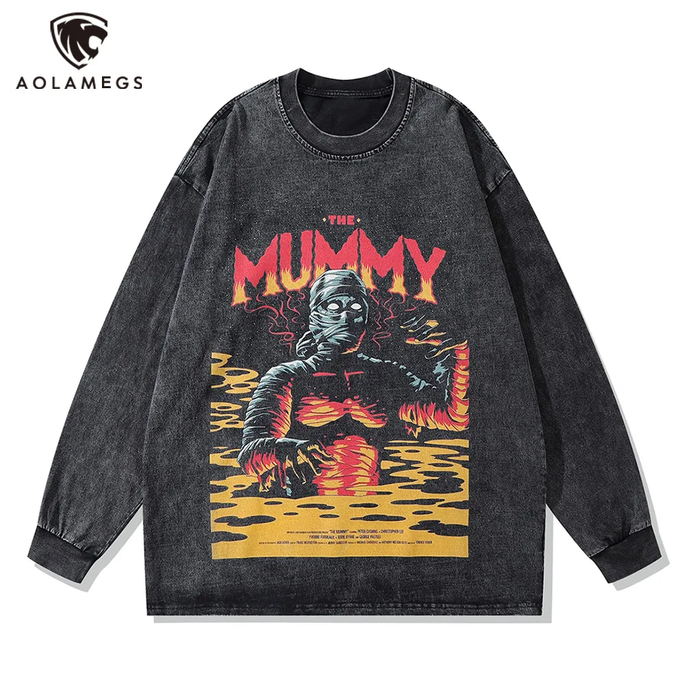 

Men's Hip Hop Clothing Sweatshirt Cartoon Flame Skull Graphic Print Sweatshirt Retro Washed Casual Harajuku Pullover Streetwear