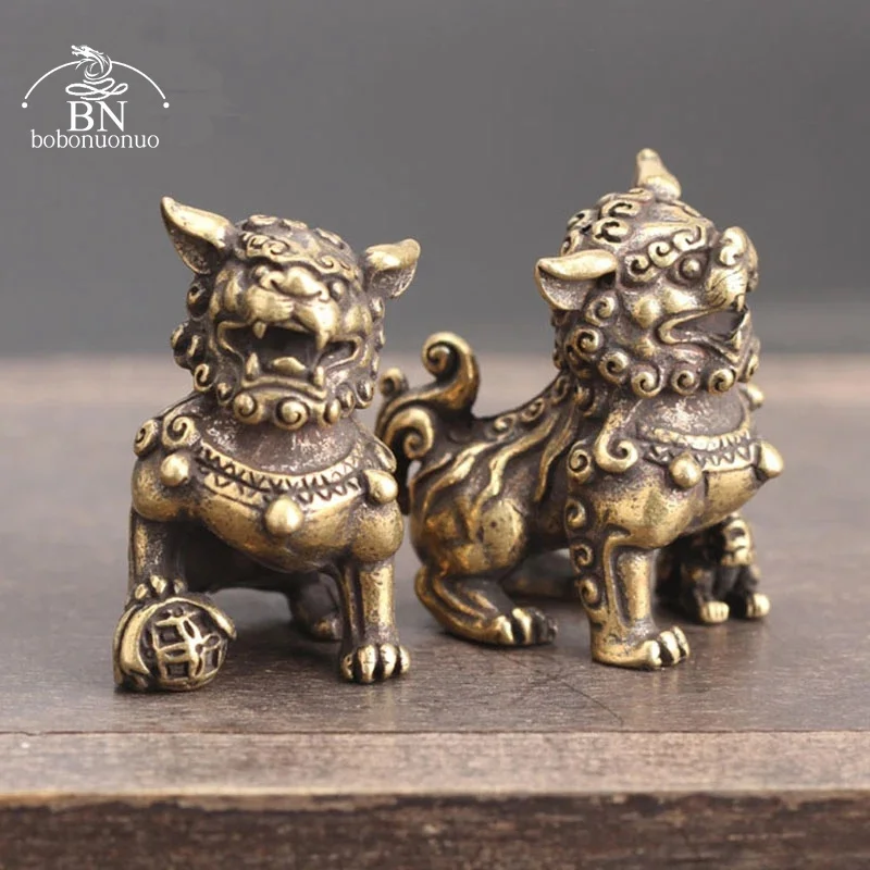

1Pair Pure Copper Lucky Lion King Figurines Miniatures Desk Ornaments Antique Bronze Chinese Animals Statue Home Feng Shui Decor