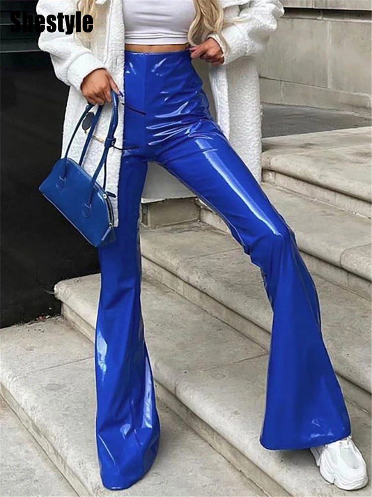 

Shestyle Shine PU Leather Flare Pants Women Solid Back Zipper High Waist Sexy Clubwear Christmas Blue Black Trousers Bottom