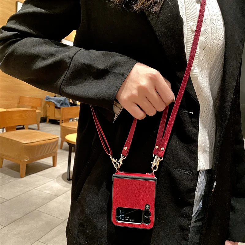 

Fashion PU Leather and PC Hard Shoulder Strap Phone Case For Samsung Galaxy Z Flip 3 5G Cover Necklace Lanyard Shell