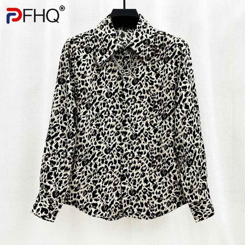 

PFHQ 2023 Summer New Fashion Casual Leopard Printing Shirts For Men Turn-down Collar Full Sleeve Loose Men's Blouse Tide 21F3853