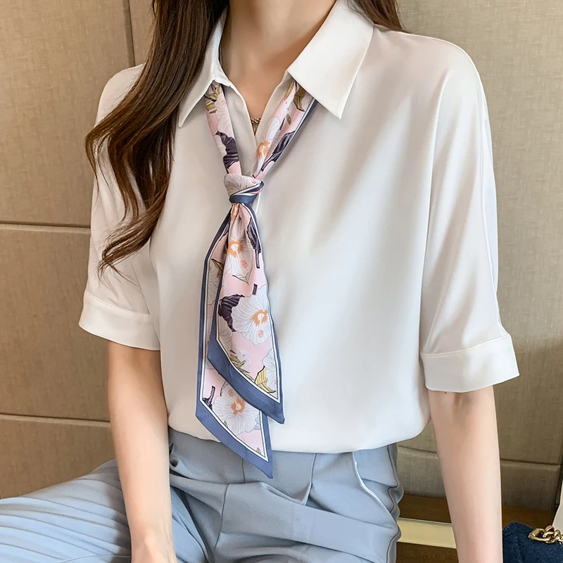 

Summer Women Short Sleeved Lapel Solid Color Lace Up Professional Commuting Chiffon Shirt Womens Tops Blusas Mujer Blouses C869