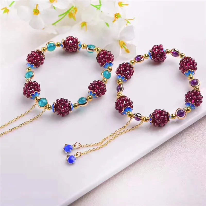Natural Garnet Bracelet Chinese Style Multi Circle Alloy Bracelet Ladies Jewelry Fashion Women Accessories