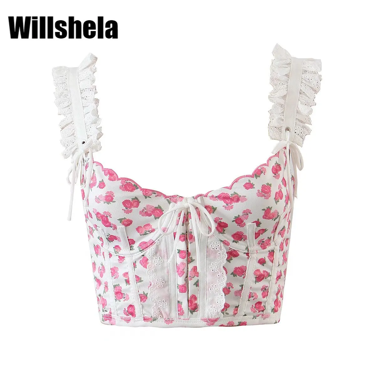 

Женский укороченный топ Willshela, винтажный укороченный топ с цветочным принтом на бретельках и открытой спиной
