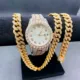 3PCS Jewelry for Mens Women Iced Out Watch Necklace Bracelet Bling Bling Miama Cuban Chain Choker Jewelry for Man Gold Watch Set Other Image