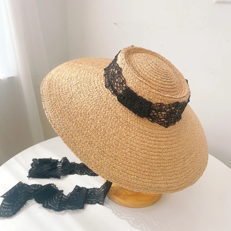 

Luna&Dolphin French Women Summer Big Eaves Raffia Straw Sun Hat Lace Black Ribbon Nature Seaside Vacation Sunscreen Beach Cap