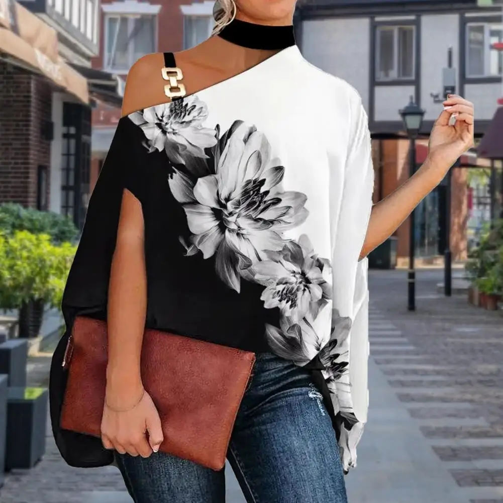 

Chic Skew Collar Shrink Resistant One Shoulder Irregular Leaves Printing Lady Casual Top Casual Top Sweat Absorbing