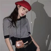 primaxis spring 2022 womens new fchessboard plaid right angle shoulder design contrast color short sleeve sweater womens blouse