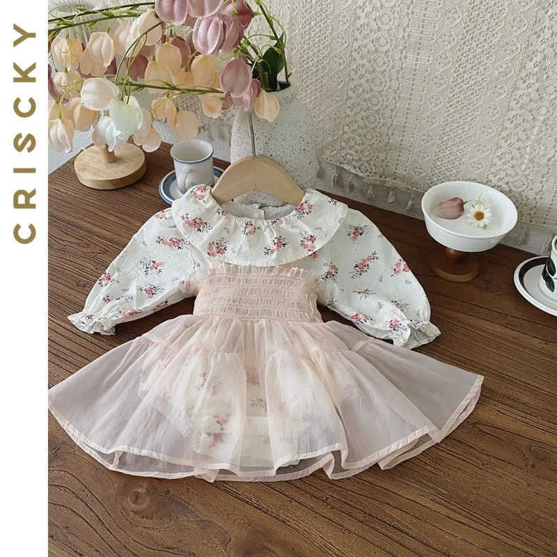 

2023 New Baby Kids Romper Sets Autumn Long Sleeve Floral Romper and Dress 2pcs Baby Suits Sweet Newborn Girls Clothing