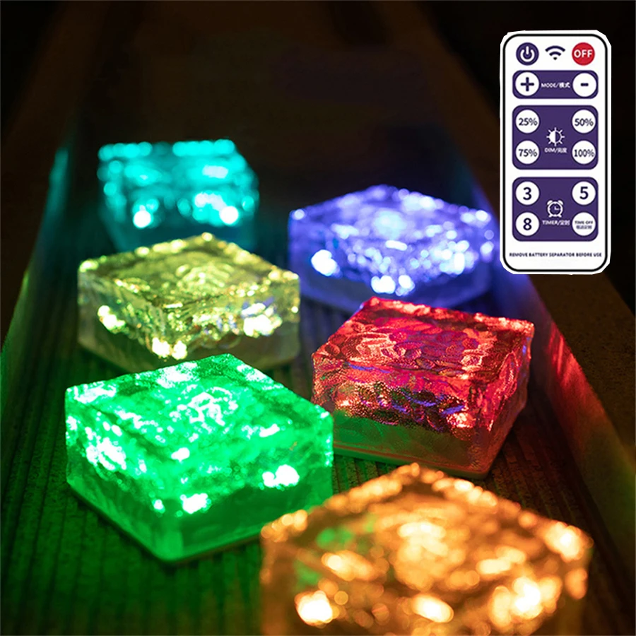

1PC RGB Solar Ground Light With Remote 10X10X5.5CM Solar Ice Cube Brick Light with 6LEDS Outdoor Solar Pathway Deck Light