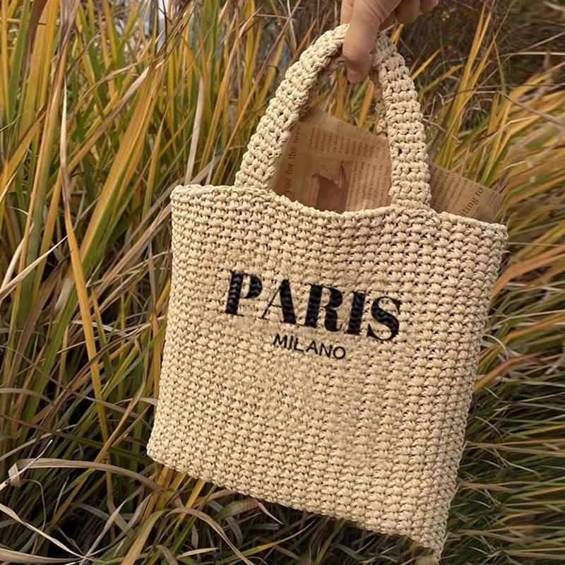

Роскошная вместительная Соломенная Сумка-тоут для женщин, дизайнерский брендовый пляжный саквояж, сумочка ручной вязки с надписью, клатч на плечо