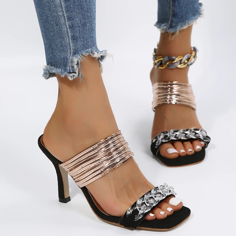 

2022 New Square Toe Summer Women Shoes Pumps Dress High Heels Wedding Woman Chain Outdoor Sexy Banquet Slippers Large Size 36~43