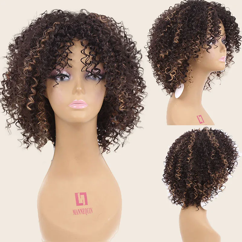 

Amir Synthetic Afro Kinky Curly Wig Ombre Brown Wigs With Bangs Curly Hair Wigs for Women Black Short Wig Bob Hairstyle Cospay