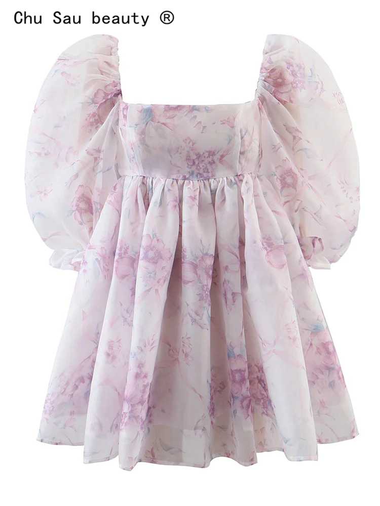

Женское винтажное мини-платье из органзы, короткое платье с квадратным вырезом, высокой талией и пышными рукавами, лето 2022