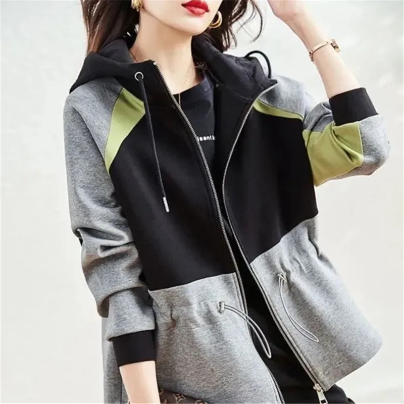 

Women's Hooded Coat 2022 Spring Autumn New Patchwork Zipper Jackets Korean Fashion Harajuku Waist Loose Casual Female Sweatshirt