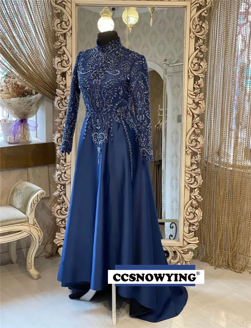 

Темно-синее атласное платье с бусинами и длинным рукавом, мусульманское вечернее платье, арабское женское платье для выпускного вечера, офи...