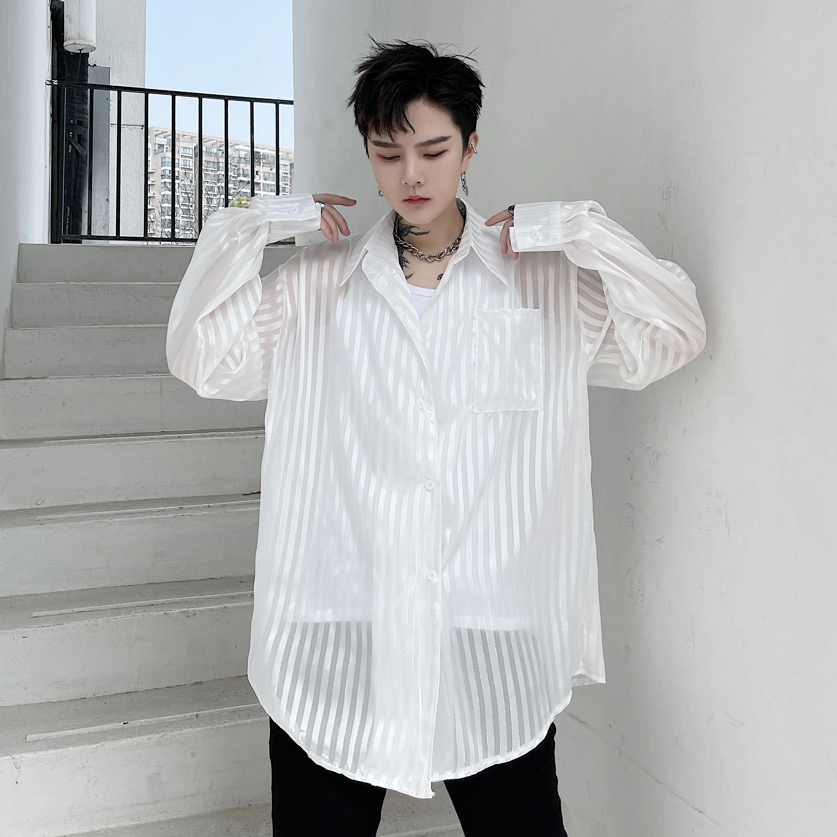 Полосатые гладкие шелковые прозрачные рубашки мужские Роскошные Длинные