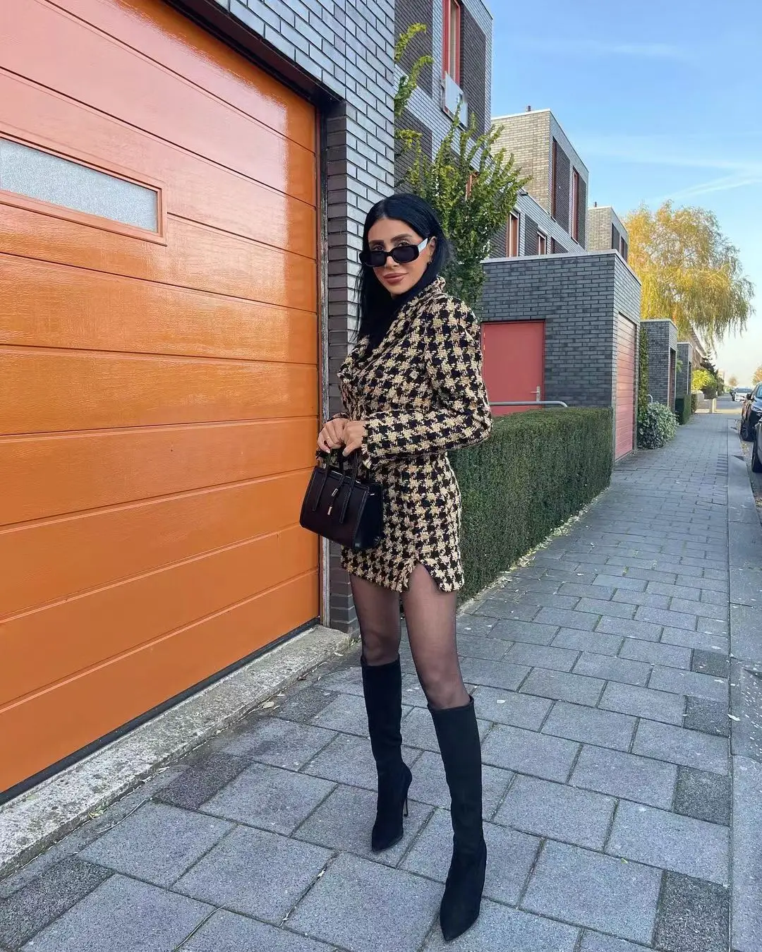 

Tweed Summer Women Two-piece Set Vintage Plaid long Sleeve short Blazer coat Female Slim High Waist Skirt Suits