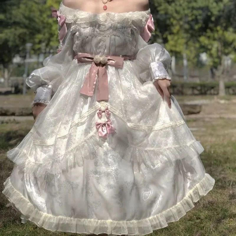 

Элегантное винтажное платье принцессы в стиле "Лолита" с длинным рукавом, женское платье из органзы с бантом и открытыми плечами для вечерни...