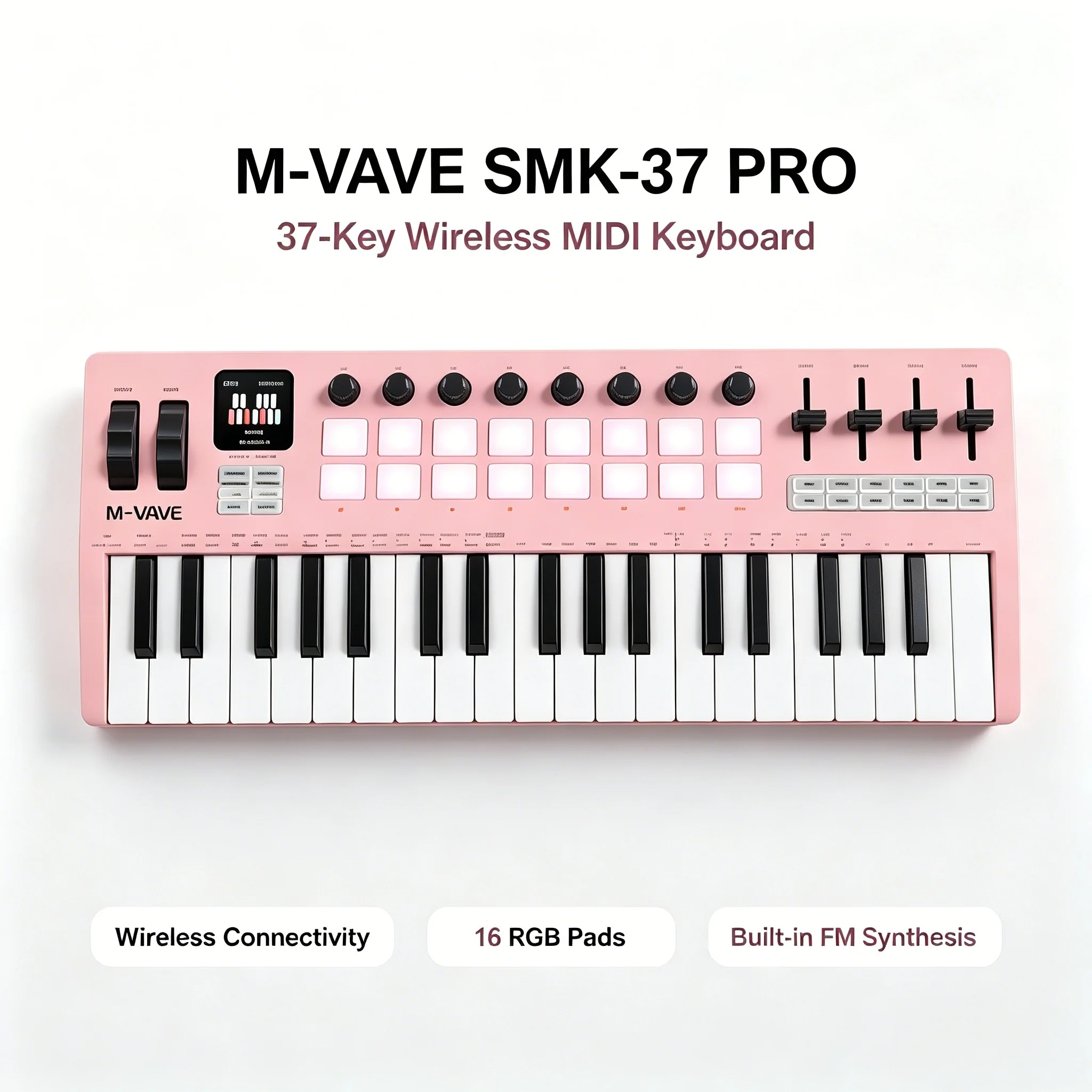 Фото M-VAVE SMK-37 PRO 37-клавишная портативная MIDI-клавиатура с 16 RGB-пэдами, 8 регуляторами, FM-модулем DX-7 и Bluetooth 5.0 №1