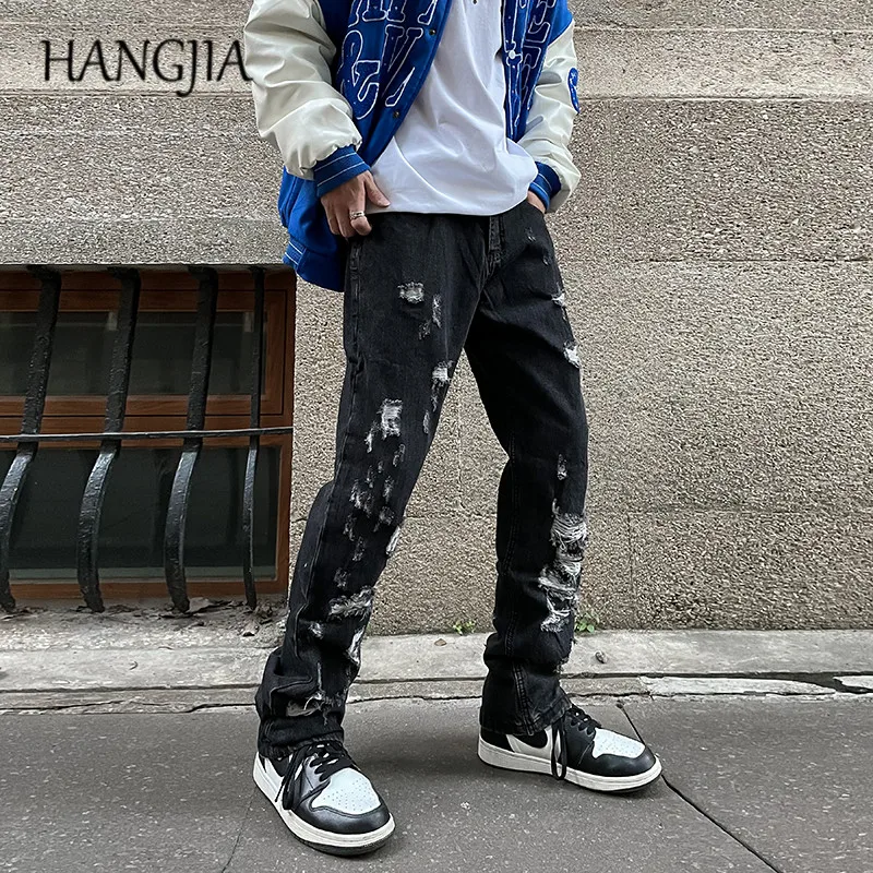 

Винтажные потертые джинсы в стиле High Street, мужские черные, синие, в стиле хип-хоп, мешковатые, прямые, с отверстиями, нищие джинсы для женщин и ...