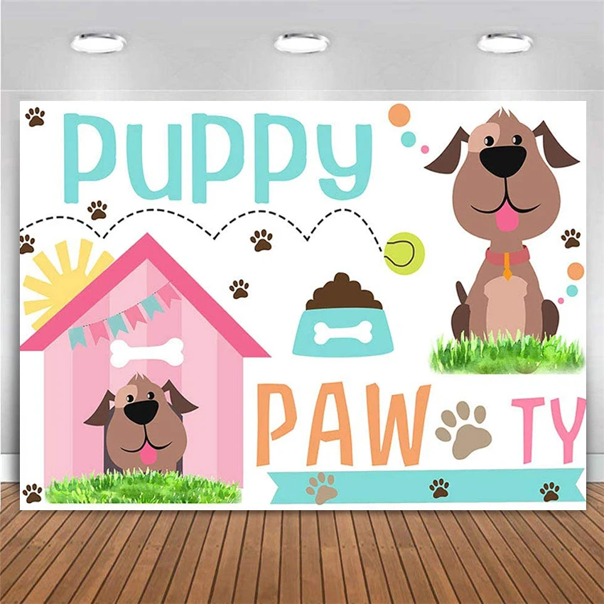 

Cute Puppy Birthday Party Photo Booth Backdrop Let's Paw-ty Doggy Pet Puppy Pawty Photography Background Banner for Cake Table