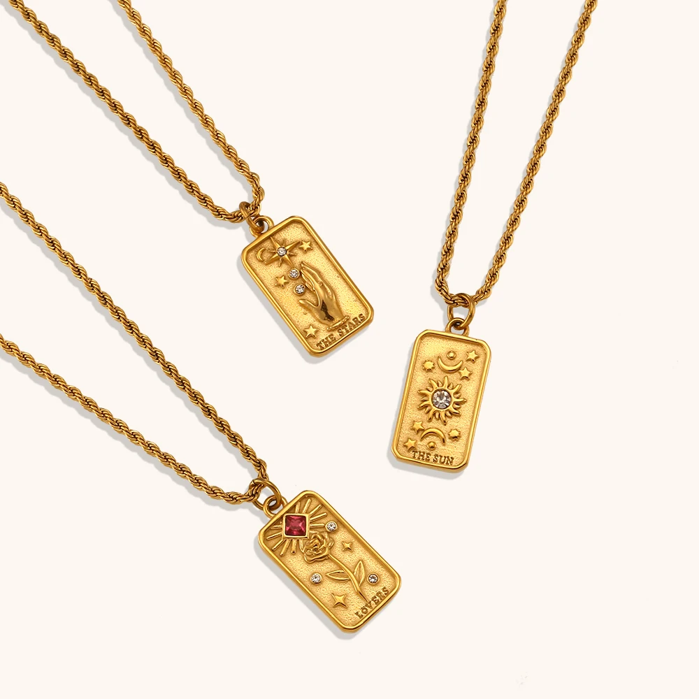 

Stainless Steel Classic Tarot Cards Pendant Divination Necklace Real 18K Gold Plated Star Sun Moon Zircon Necklace for Women
