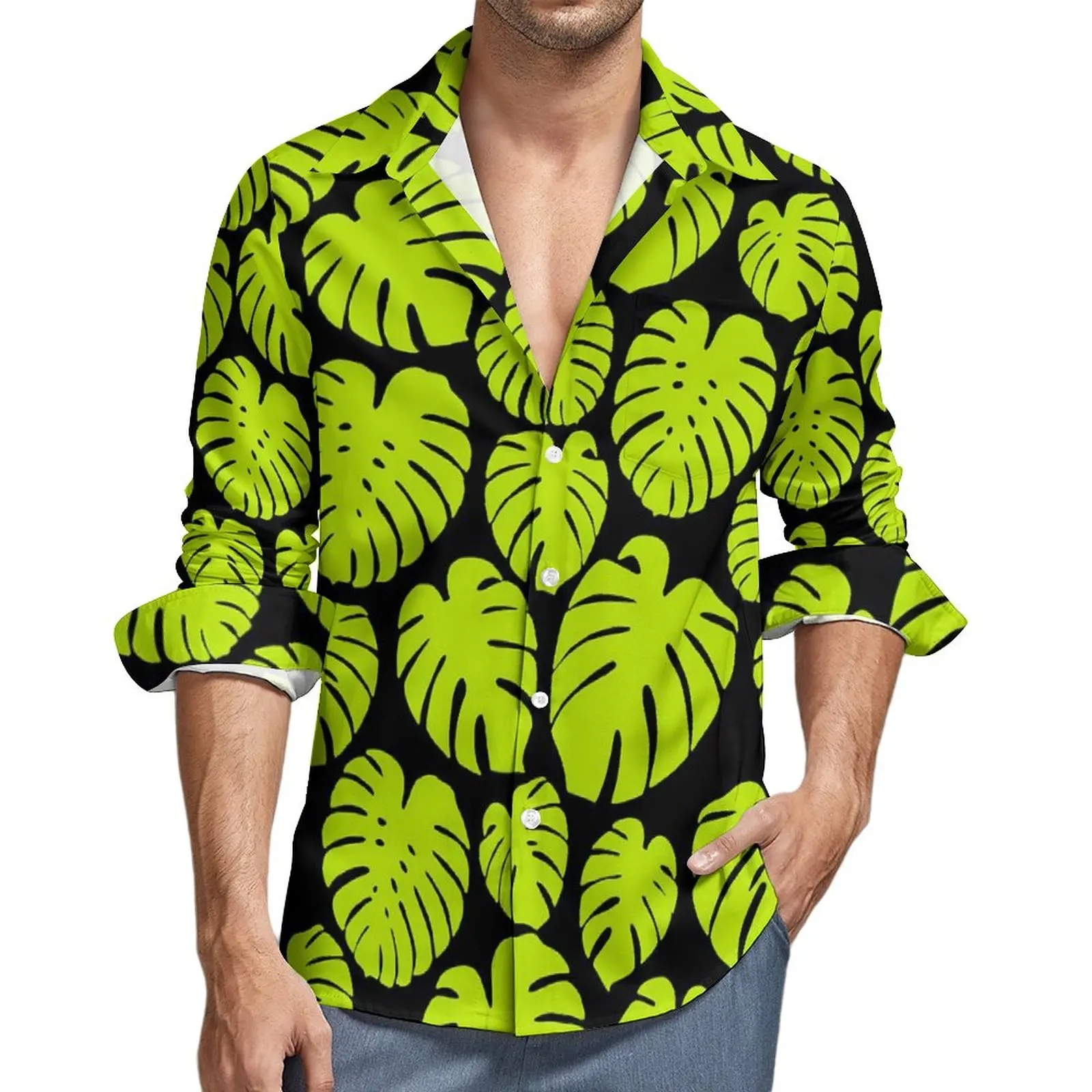 

Monstera Leaf Shirt Lime Print Casual Shirts Long Sleeve Custom Streetwear Blouses Autumn Fashion Oversized Clothing