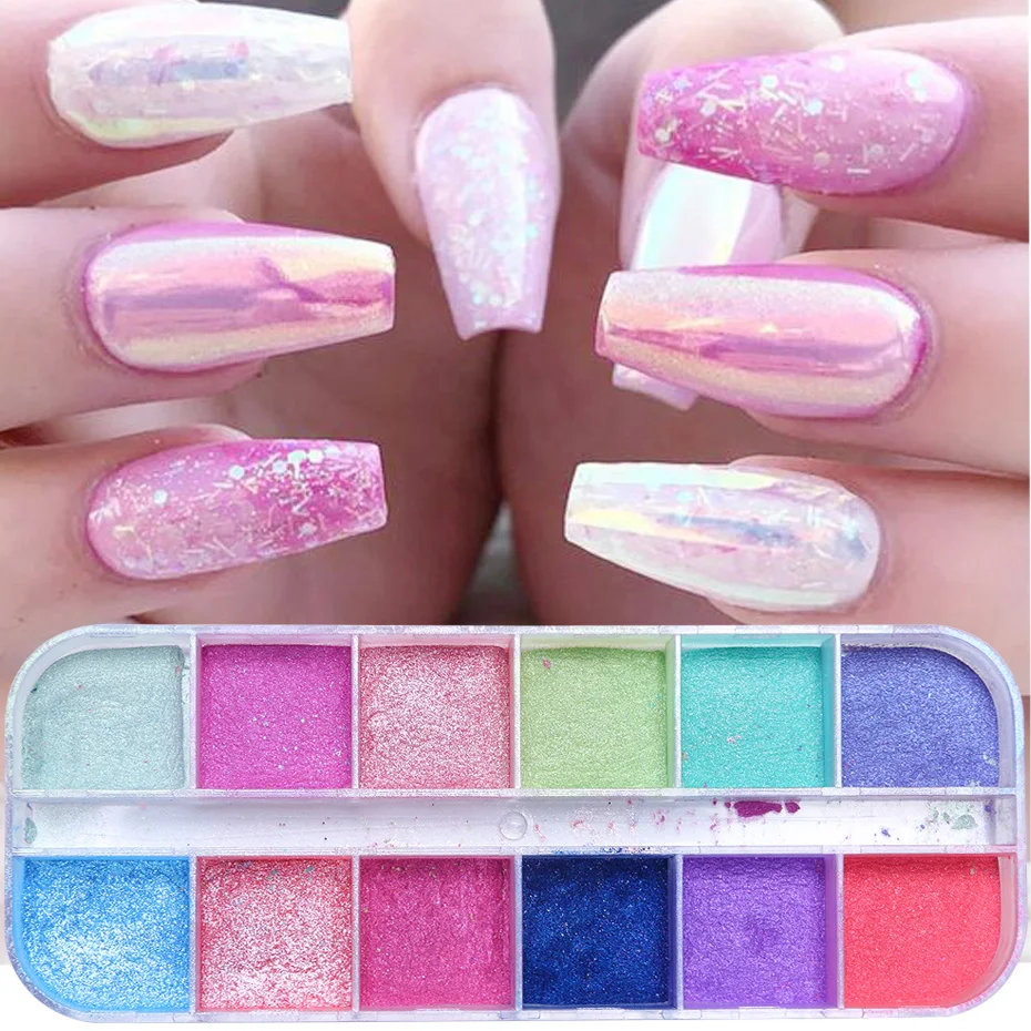 12 Grid Chrome Nail Glitter Pearl Shell Shimmer Dipping Powder Super-fine Colorful Mirror Reflective Effect Manicure Decor NLZGF images - 2