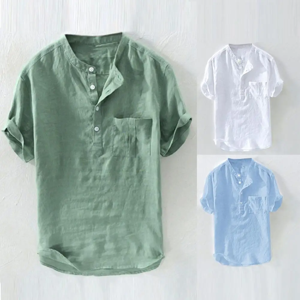 

Casual Teen Shirt Stand-up Collar Breathable Solid Color Male Button-Down Slim Tee
