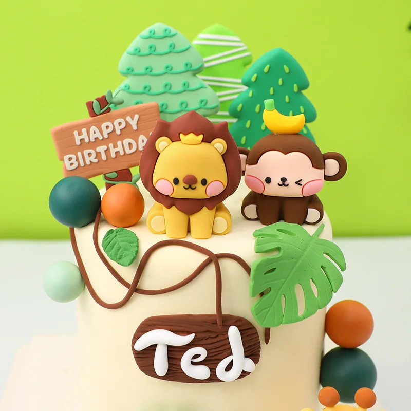 

New Forest Animal Cake Topper Tropical Jungle Safari Lion Elephant Giraffe Monkey Cake Decoration First Birthday Party Cute Gift