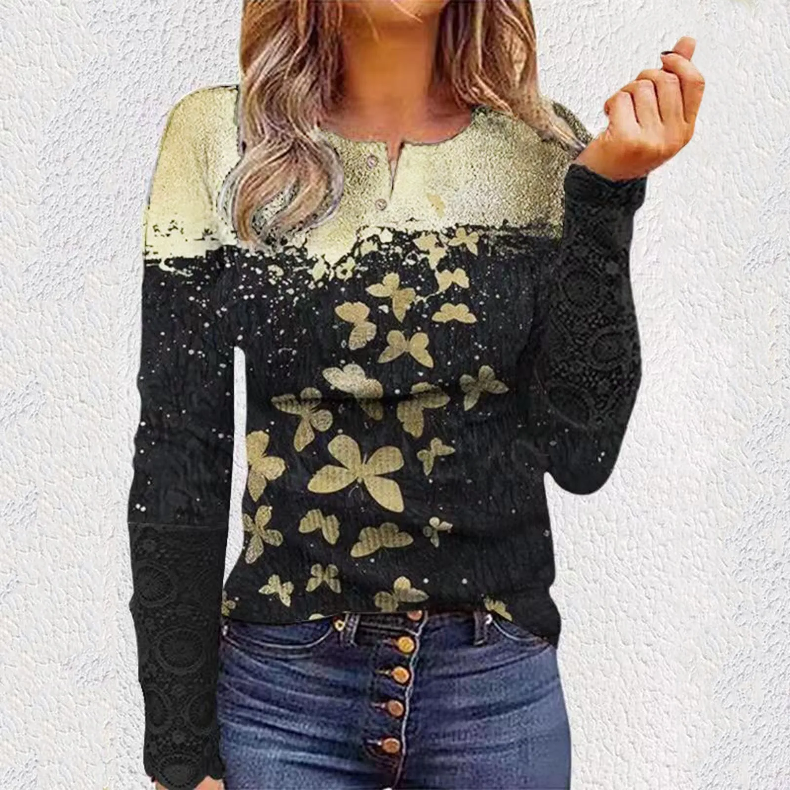 

Женская синяя блузка с длинным рукавом, туника на пуговицах, блузка, женские Топы с длинным круглым вырезом и кружевом спереди, рубашка с бис...