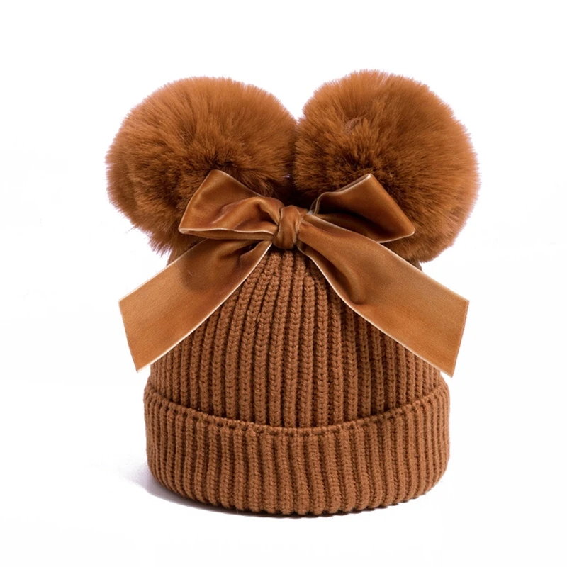 

Baby Stuff Double Pompom Hat Winter Knitted Kids Baby Girl Hat Warm Thicker