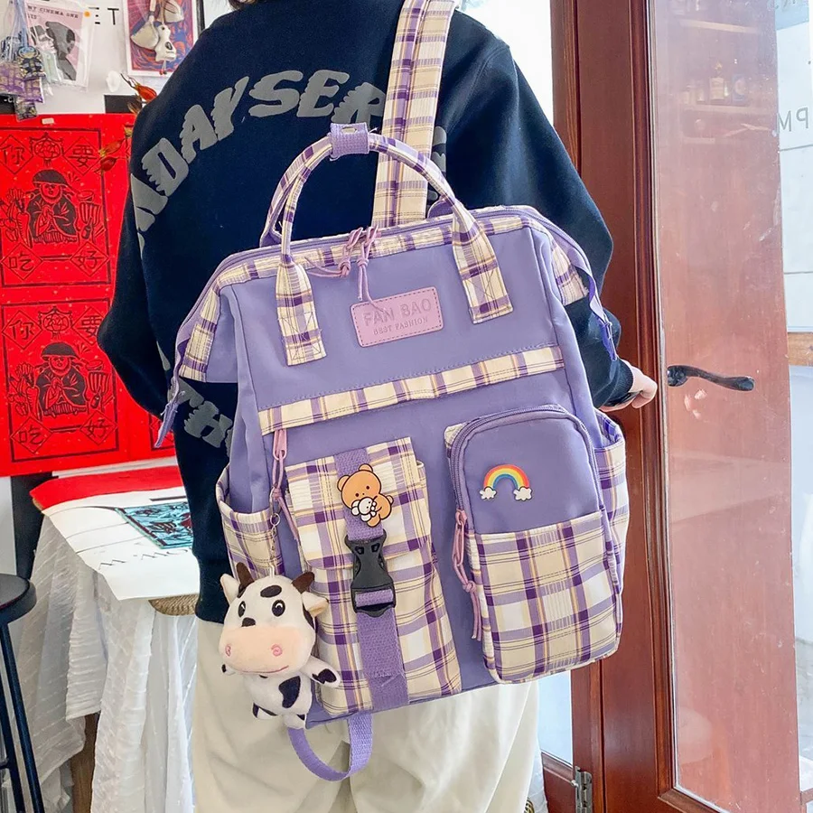 

Женский Повседневный рюкзак в стиле ретро, Модный Фиолетовый клетчатый дорожный рюкзак с черным коровьим узором, школьный рюкзак для девочек-подростков, 2022