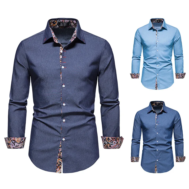 Personalized Casual Dress Shirt Buttoned Long-sleeved Shirt Long-sleeved Denim Contrast Color Dress Shirt 2022 Slim Dress Men