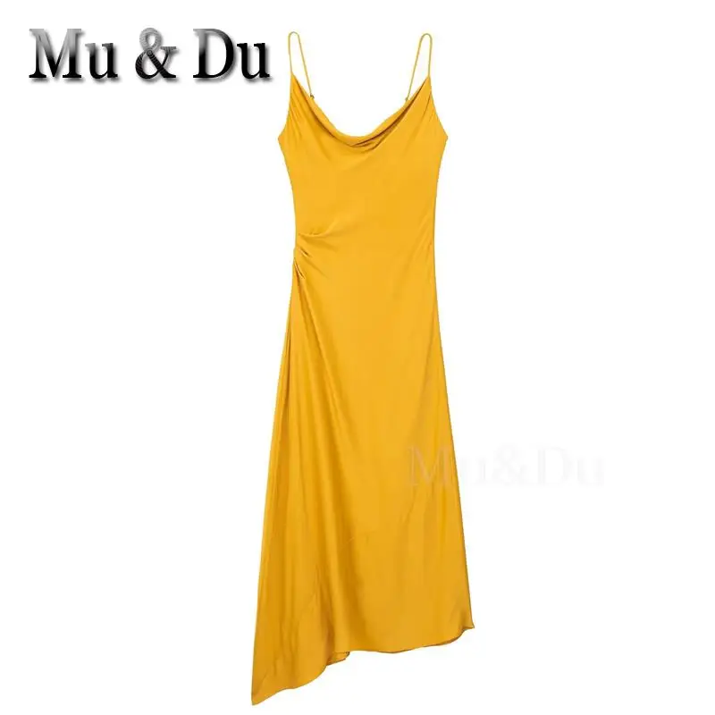 

Летнее женское платье Mu & Du 2023, винтажное желтое платье миди на бретелях, атласное длинное платье макси на бретелях, Женские Простые сексуальные женские платья