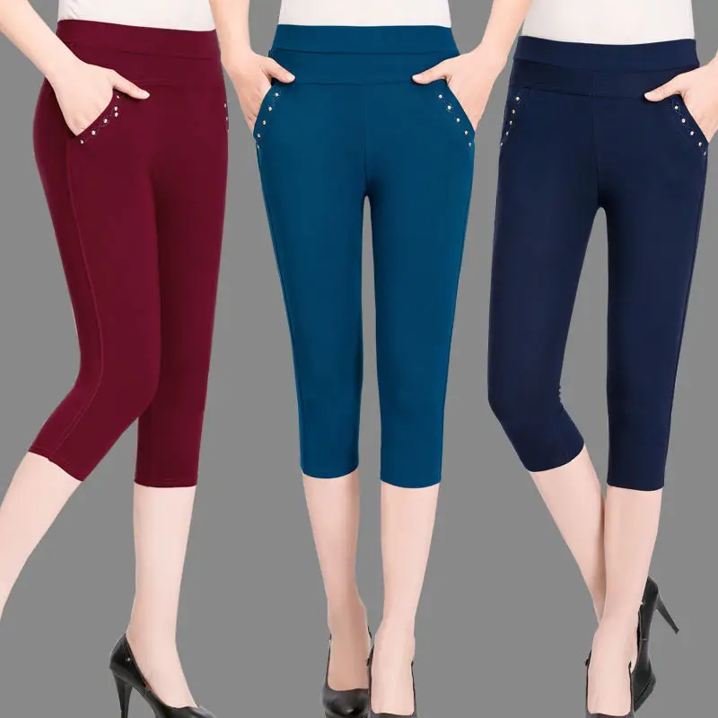 

High Waist Middle Aged Elderly Women's Pants Women Calf-length Leggings Stretch Trousers New Elastic High Waist Casual Pants Z53