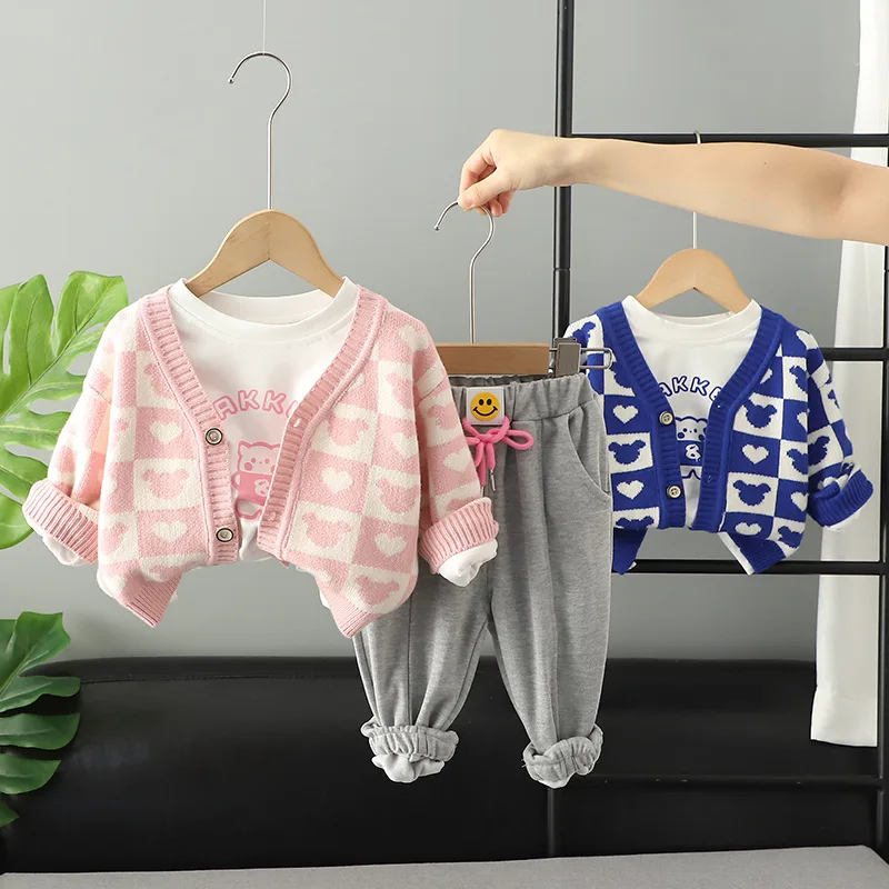 

LZH 2022 Autumn Toddler Girl Clothes Casual Cardigan Sweaters Three-piece Set For Kids Clothes Boys Sportswear Outfits 1-5 Years