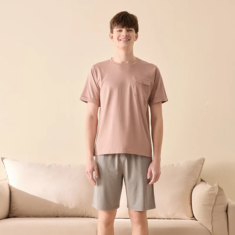 2022 New Summer 40S Cotton Pajamas Sets Men Homewear Boy High Quality Short Sleeve Night Sleep Pants
